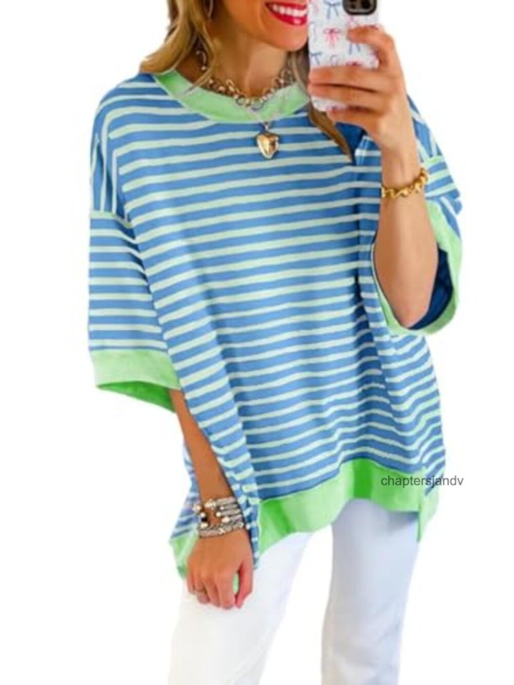 Oversized Striped Crewneck Short Sleeve Sweatshirt Pullover Top